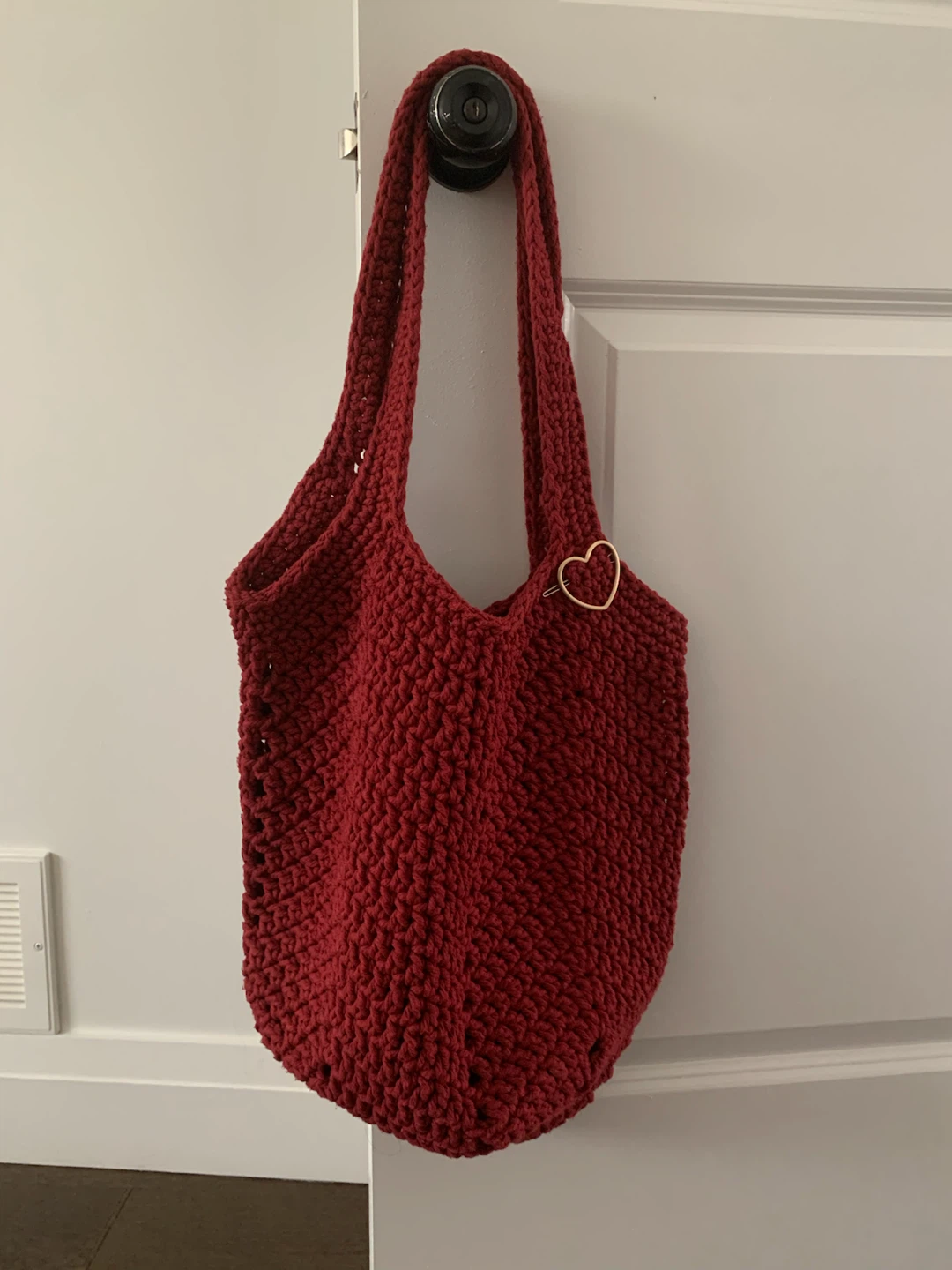 Hand-Crocheted Red Tote Bag with Heart Charm