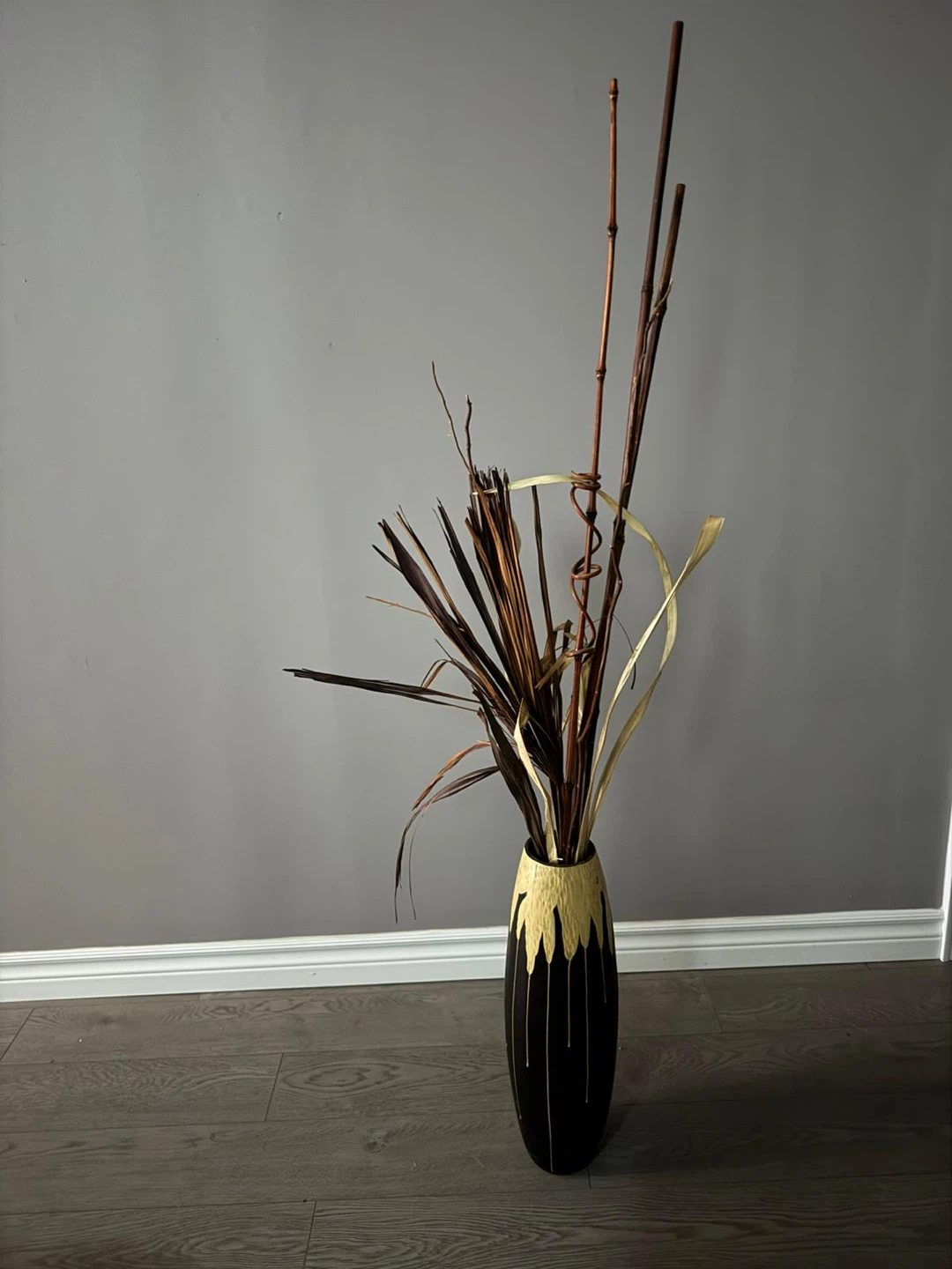 Decorative Wooden Vase with Dried Stems