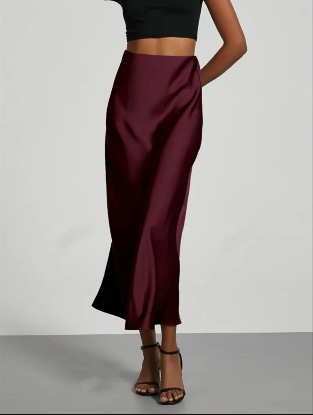 Brand New Burgundy Satin Midi Skirt