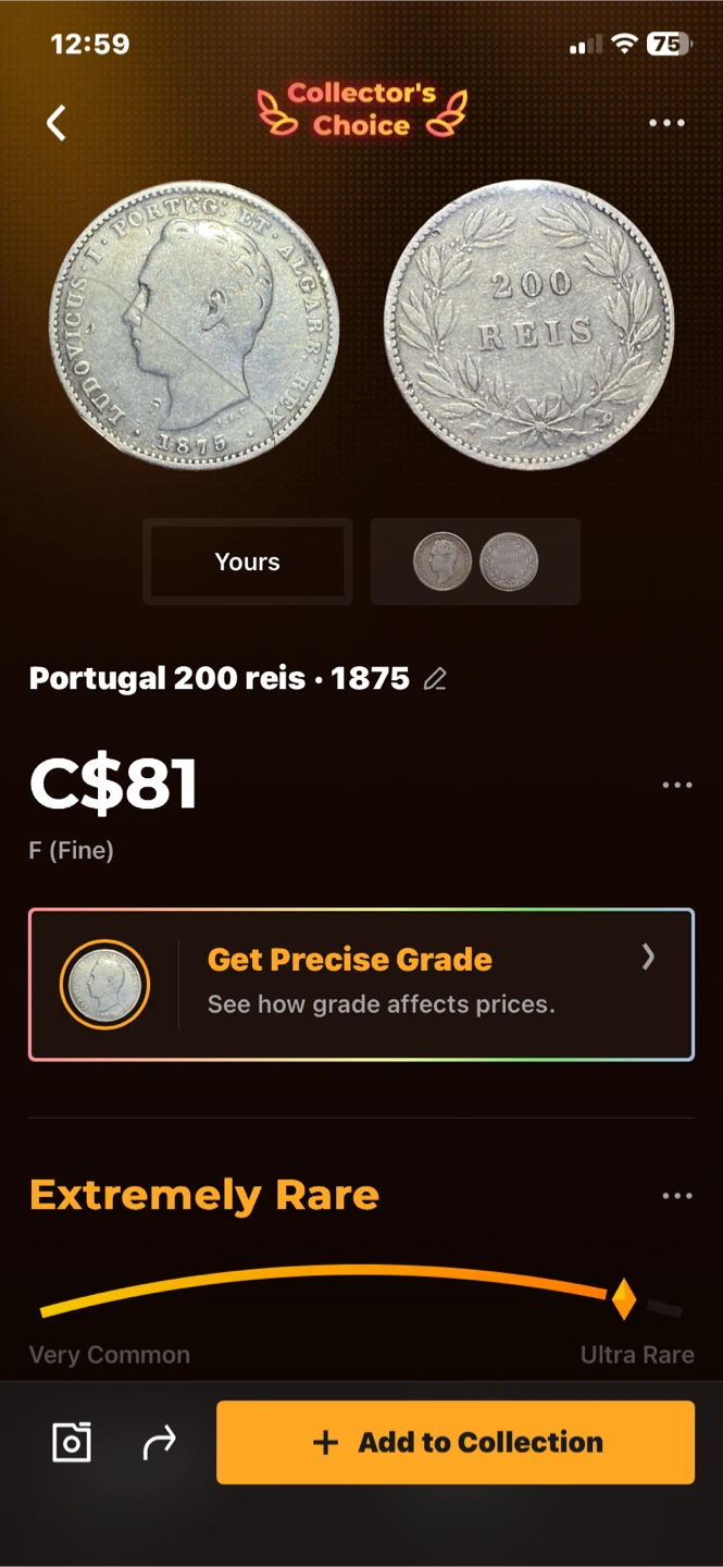 (RARE) Portugal 200 Reis Coin - 1875 - photo 3