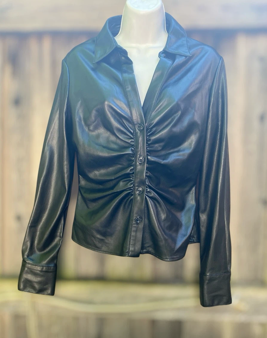 Zara Black Faux Leather Ruched Shirt