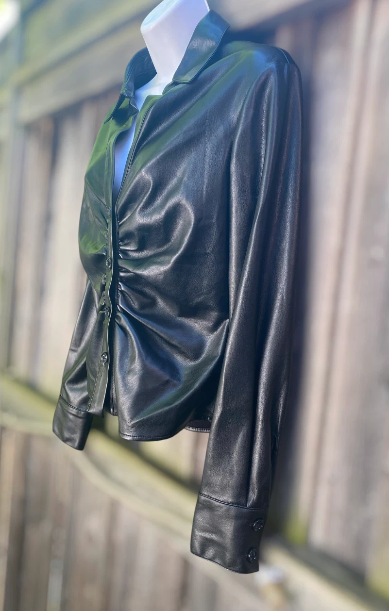 Zara Black Faux Leather Ruched Shirt - photo 2