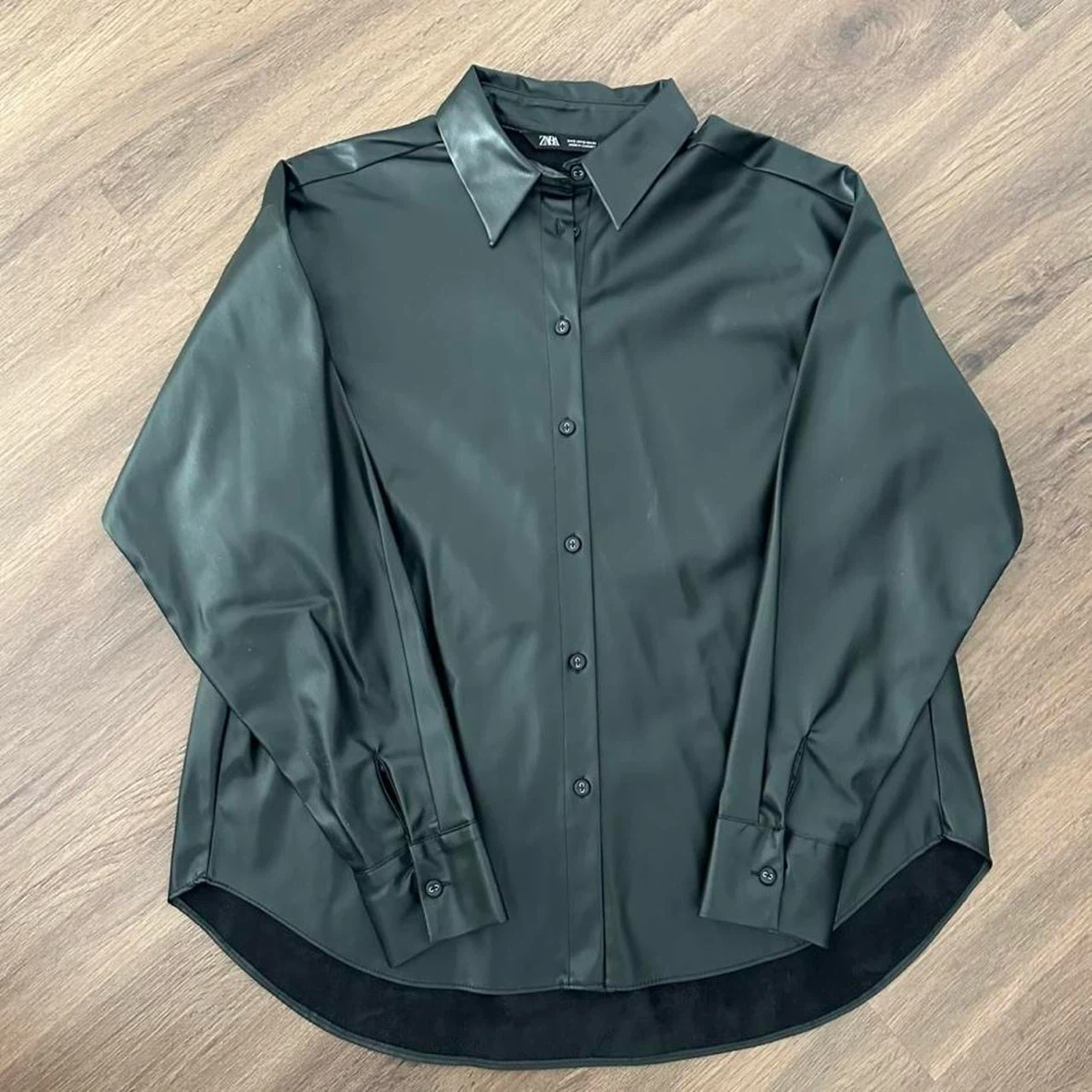 ZARA Black Faux Leather Oversized Button-Up Shirt New, Unworn