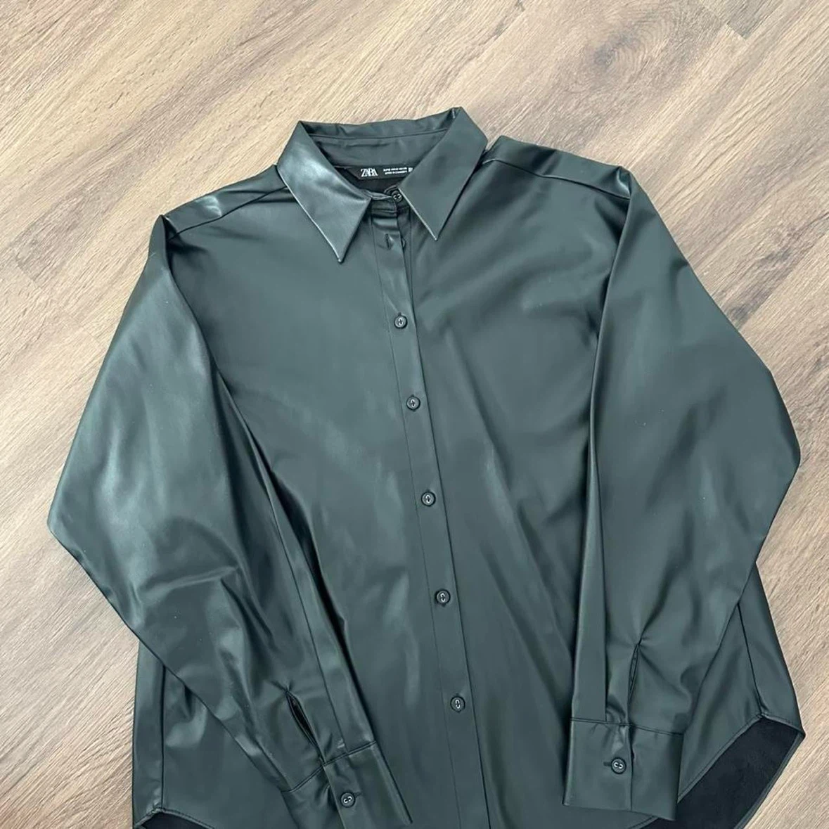 ZARA Black Faux Leather Oversized Button-Up Shirt New, Unworn - photo 3