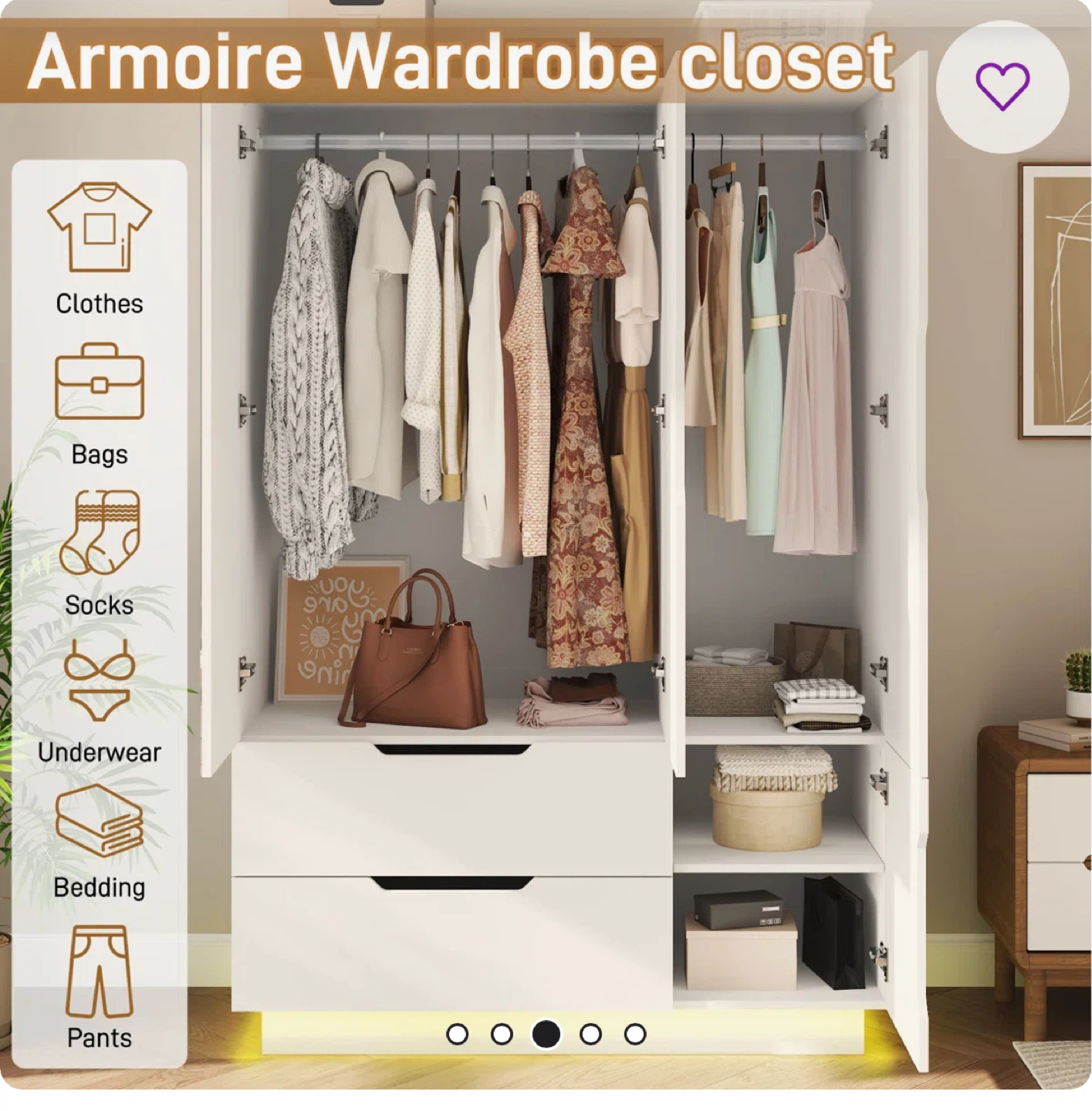 Modern White Wardrobe Closet with Mirror & LED Lights (Like New) - photo 5