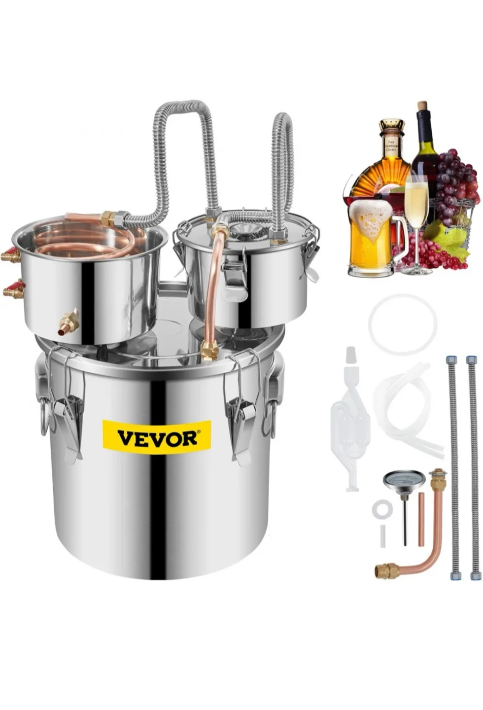 Vevor Alcohol Distiller 5 Gal Stainless Steel with Copper Coil
