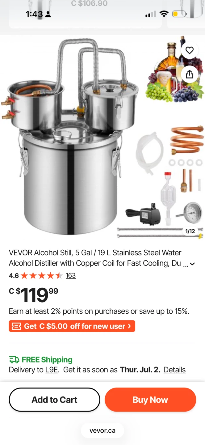 Vevor Alcohol Distiller 5 Gal Stainless Steel with Copper Coil - photo 4
