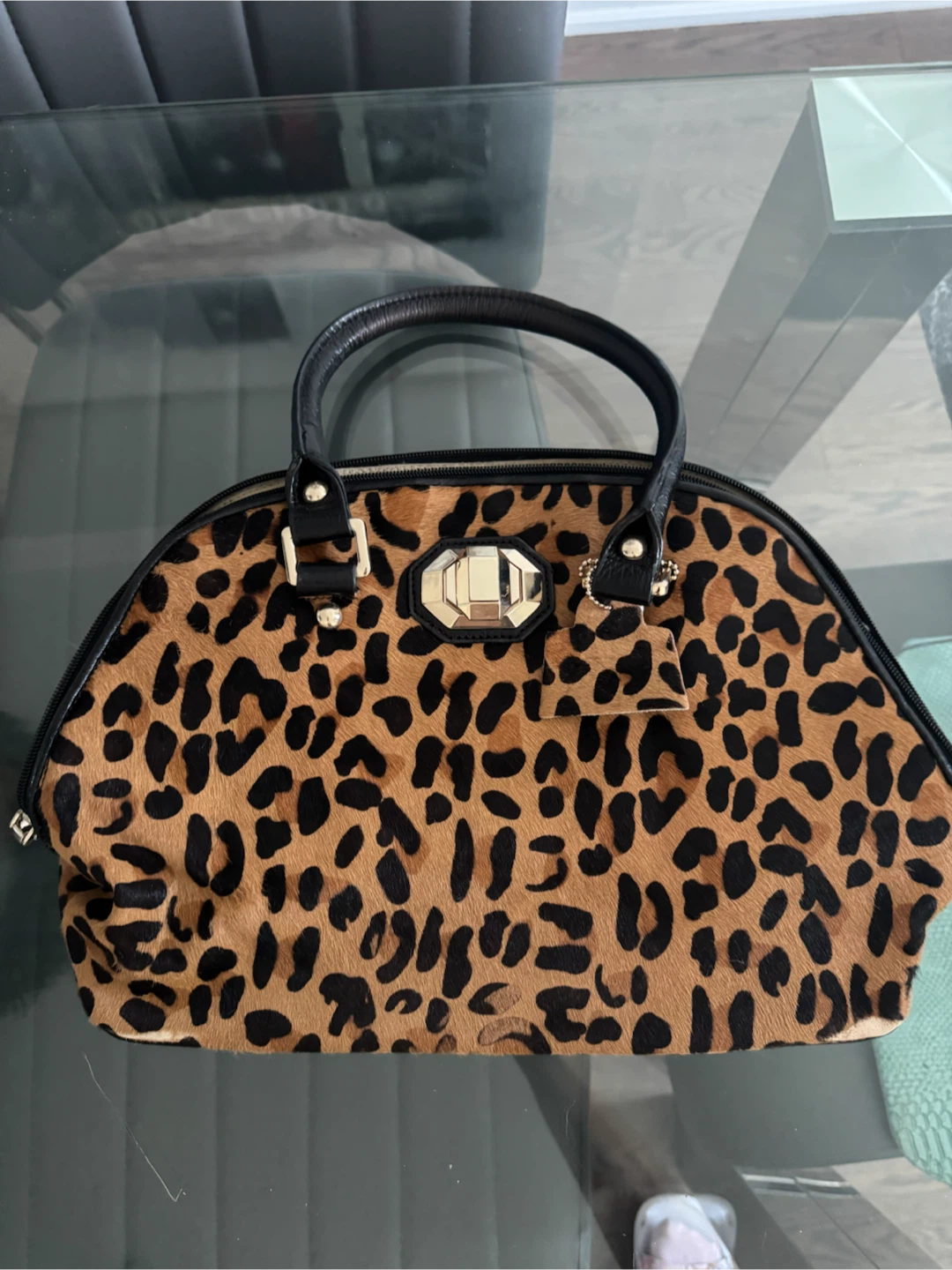 Black Satchel Handbag with Leopard Print Accent