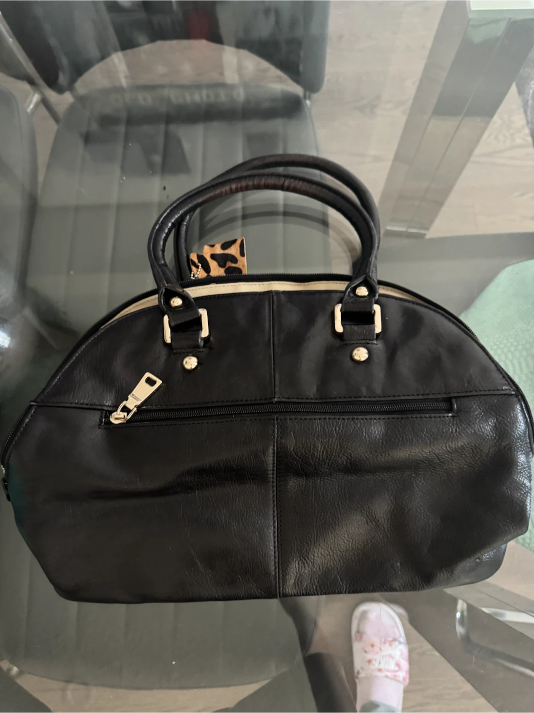 Black Satchel Handbag with Leopard Print Accent - photo 2