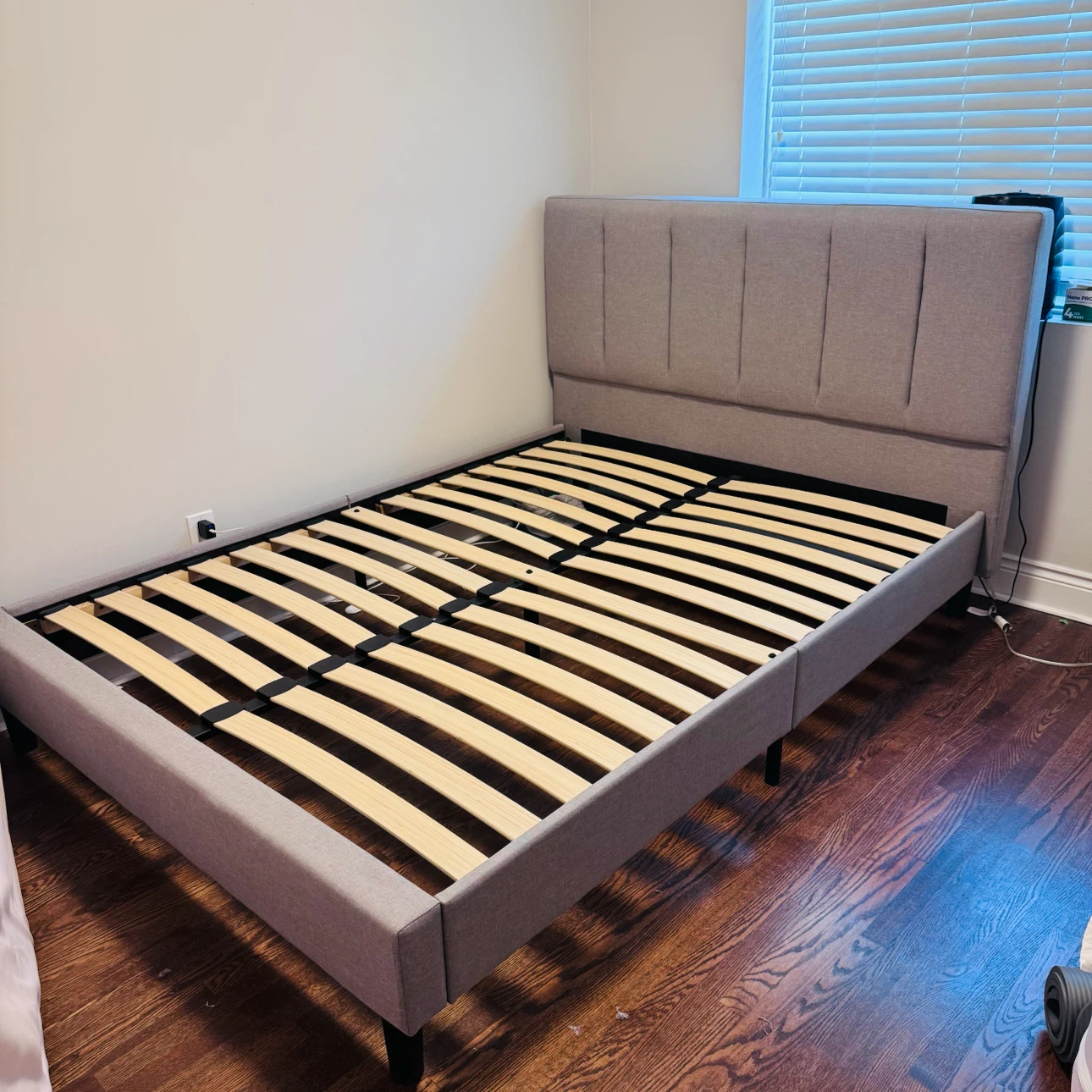 Gray Upholstered Bed Frame with Slats