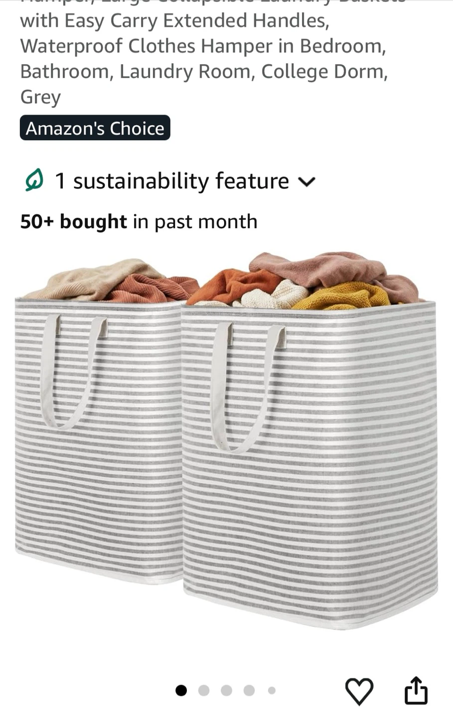 2-Pack Grey Striped Laundry Hamper Baskets - 125L Each