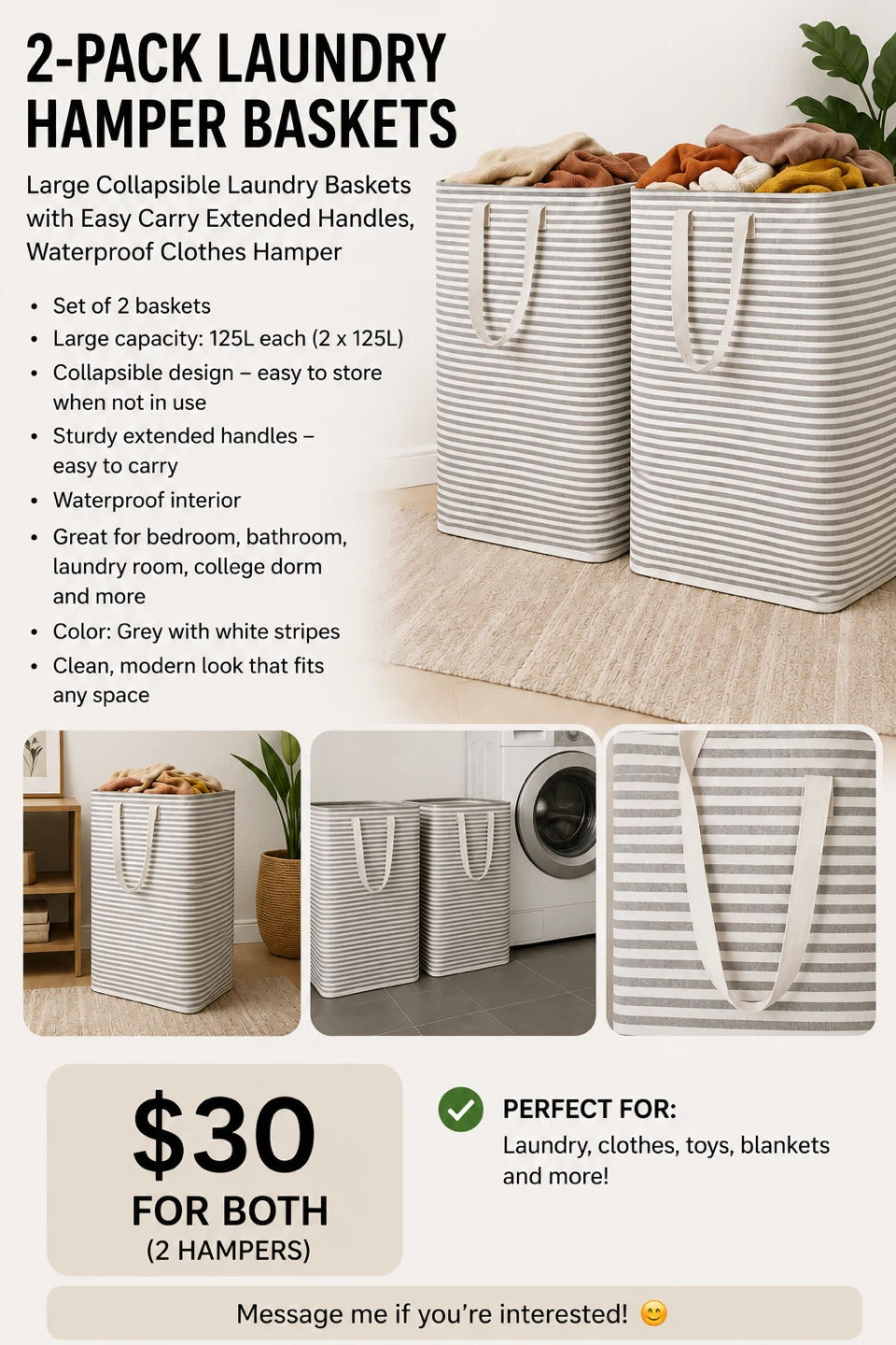 2-Pack Grey Striped Laundry Hamper Baskets - 125L Each - photo 3