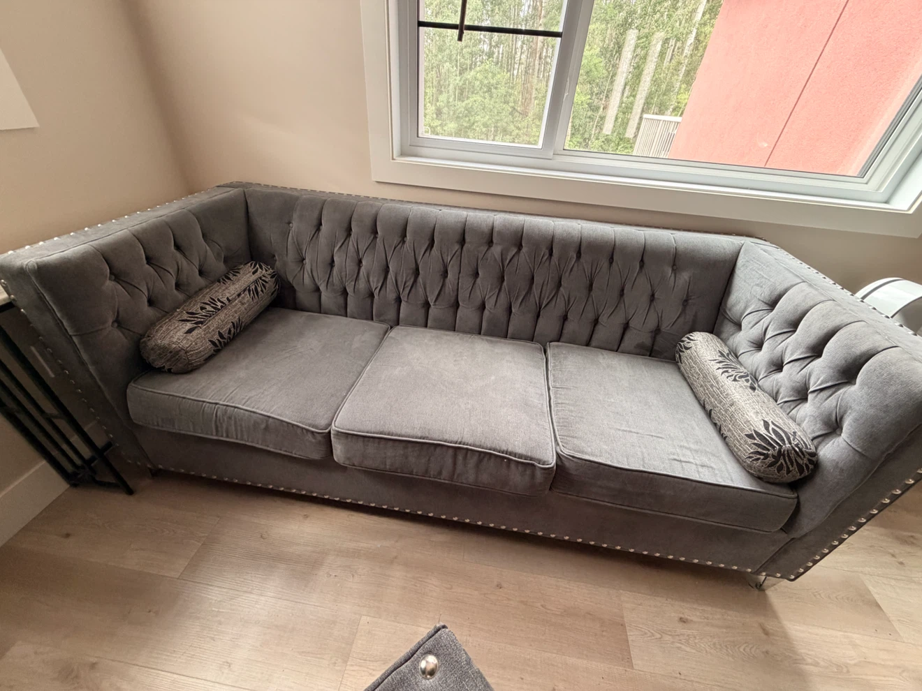 Grey Tufted Sectional Sofa with Bolster Pillows
