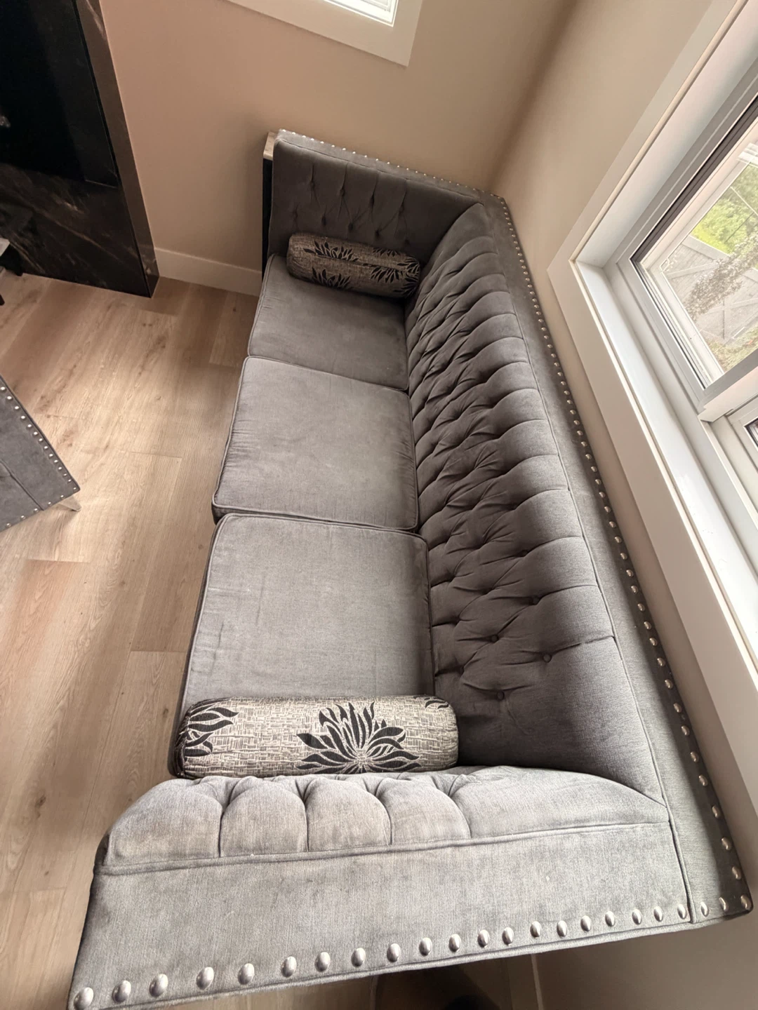 Grey Tufted Sectional Sofa with Bolster Pillows - photo 2