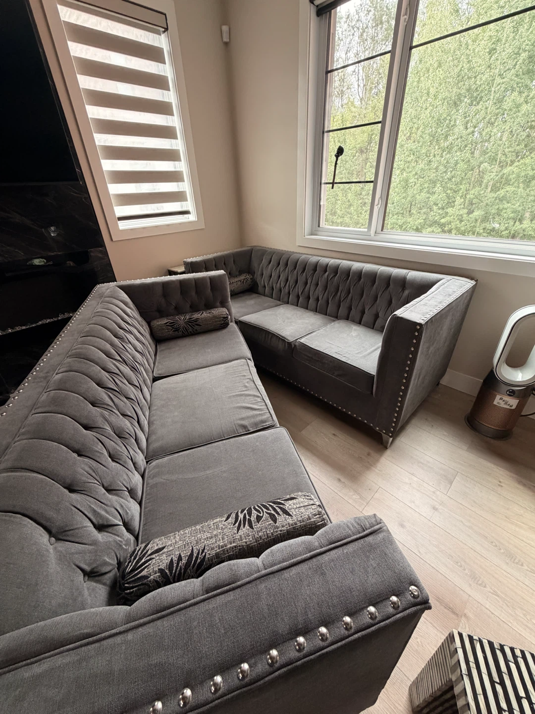 Grey Tufted Sectional Sofa with Bolster Pillows - photo 4