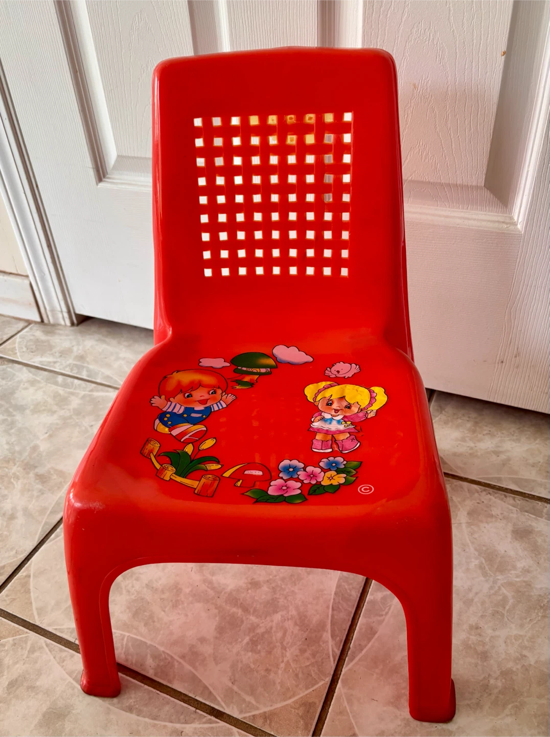 Red Plastic Kids Chair with Cartoon Decals