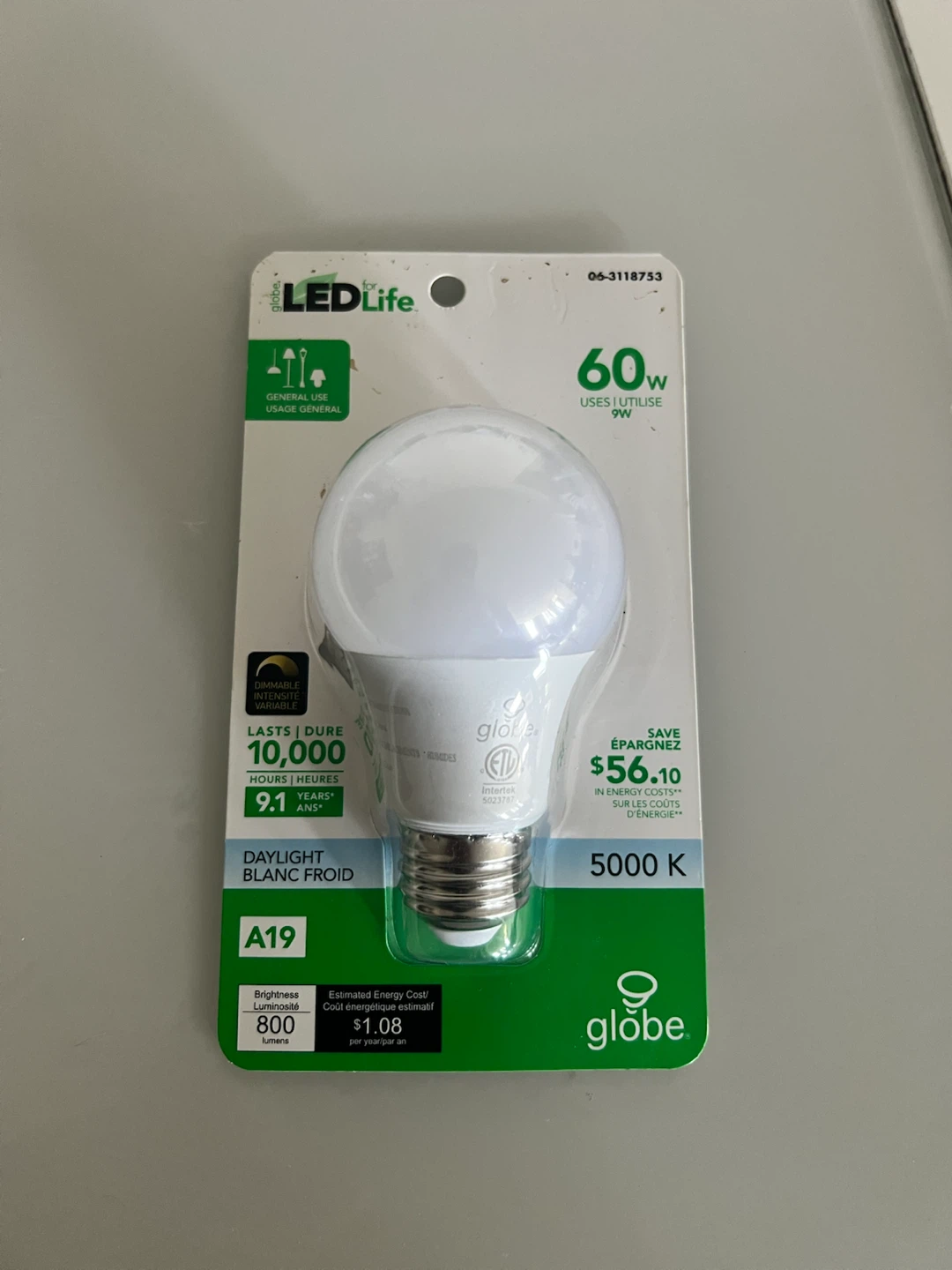 Globe LEDLife A19 Daylight LED Bulb, 800 Lumens