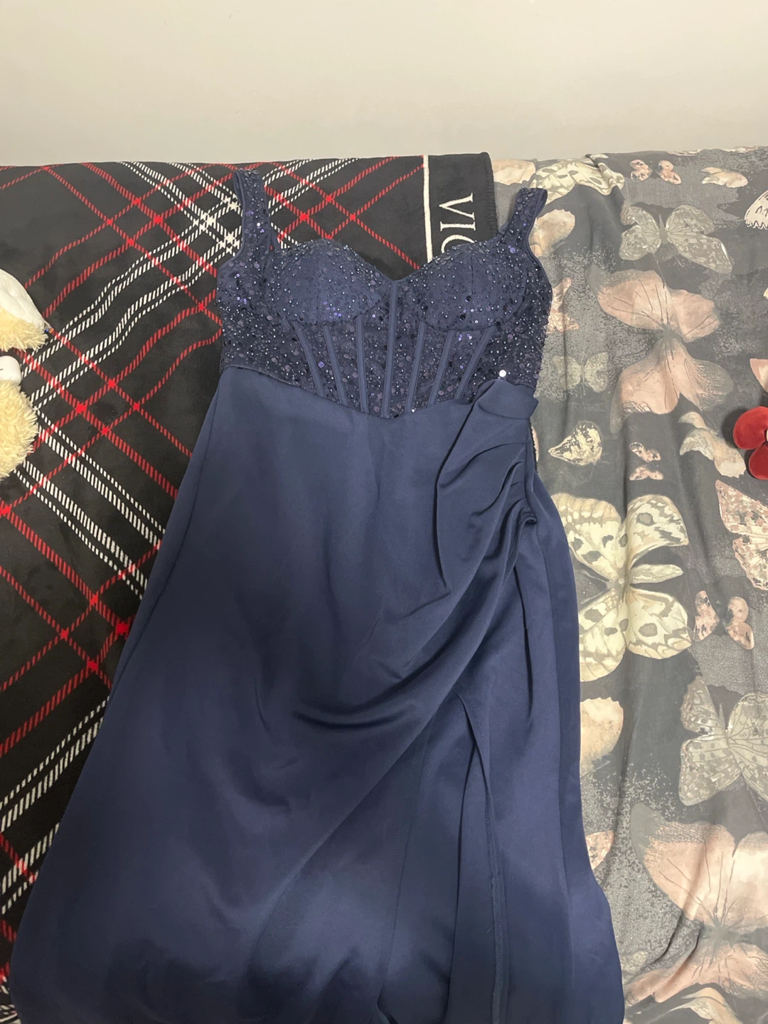 ADyce Navy Blue Sequin Corset Gown with Slit - photo 2