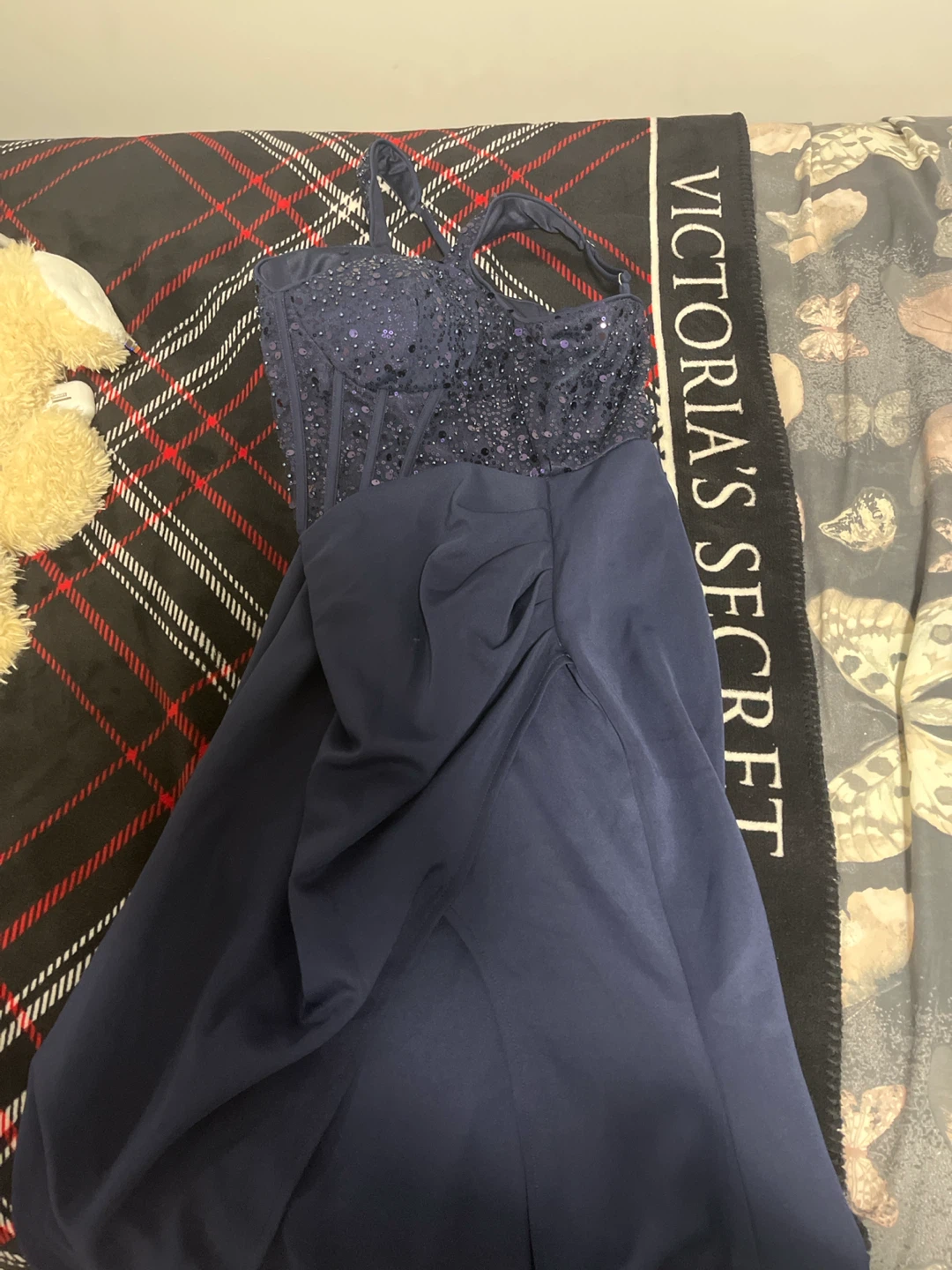 ADyce Navy Blue Sequin Corset Gown with Slit - photo 3