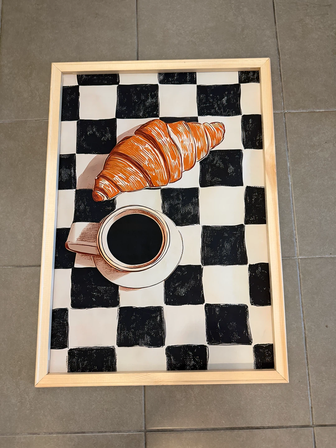 Framed Café Wall Art - Croissant & Coffee on Checkerboard