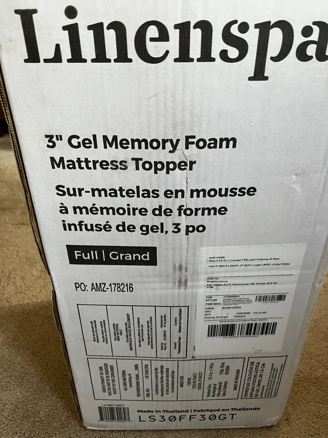 Linenspa 3" Gel Memory Foam Mattress Topper - Full