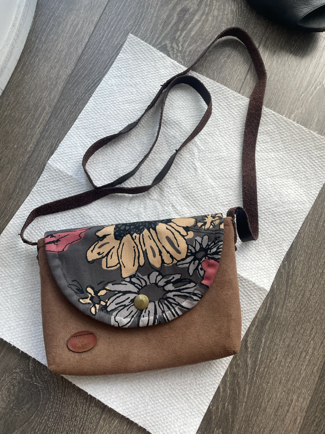 Brown Suede & Floral Small Shoulder Bag