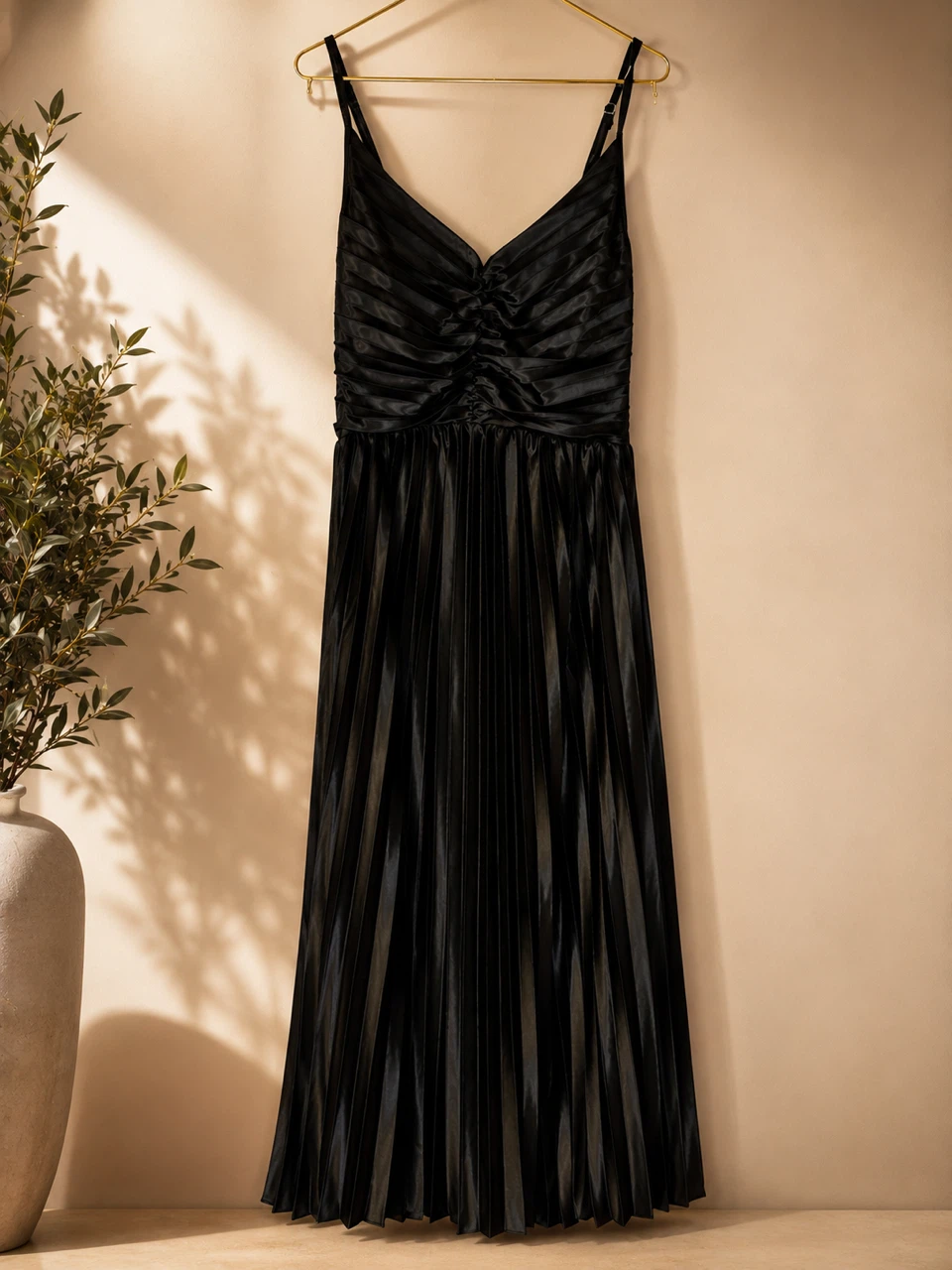 Black Spaghetti Strap Pleated Midi Dress