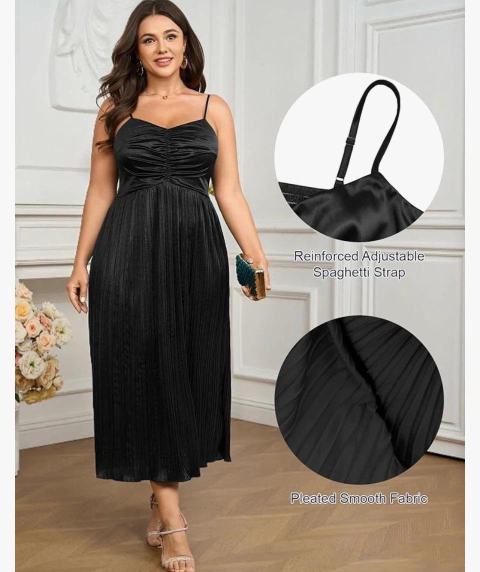 Black Spaghetti Strap Pleated Midi Dress - photo 2