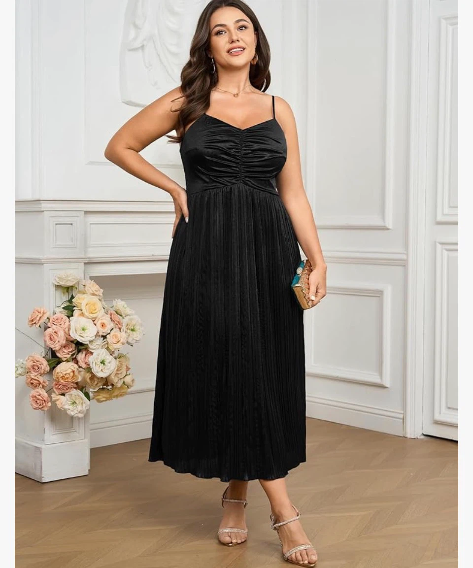 Black Spaghetti Strap Pleated Midi Dress - photo 4