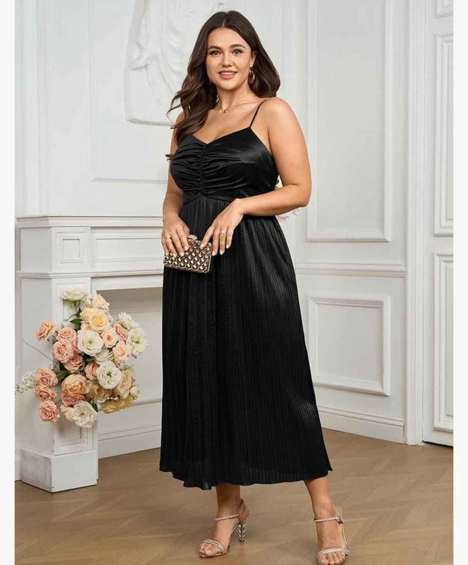 Black Spaghetti Strap Pleated Midi Dress - photo 5