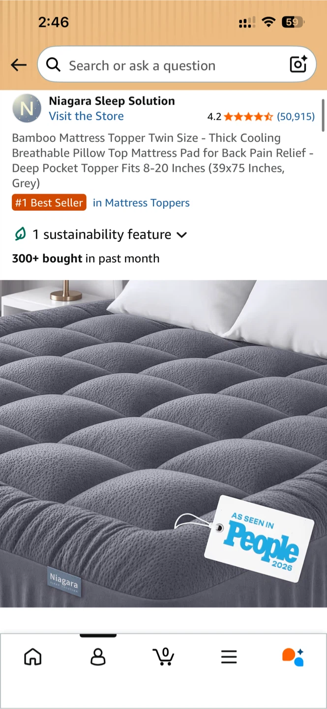 Bamboo Mattress Topper Twin Size Grey