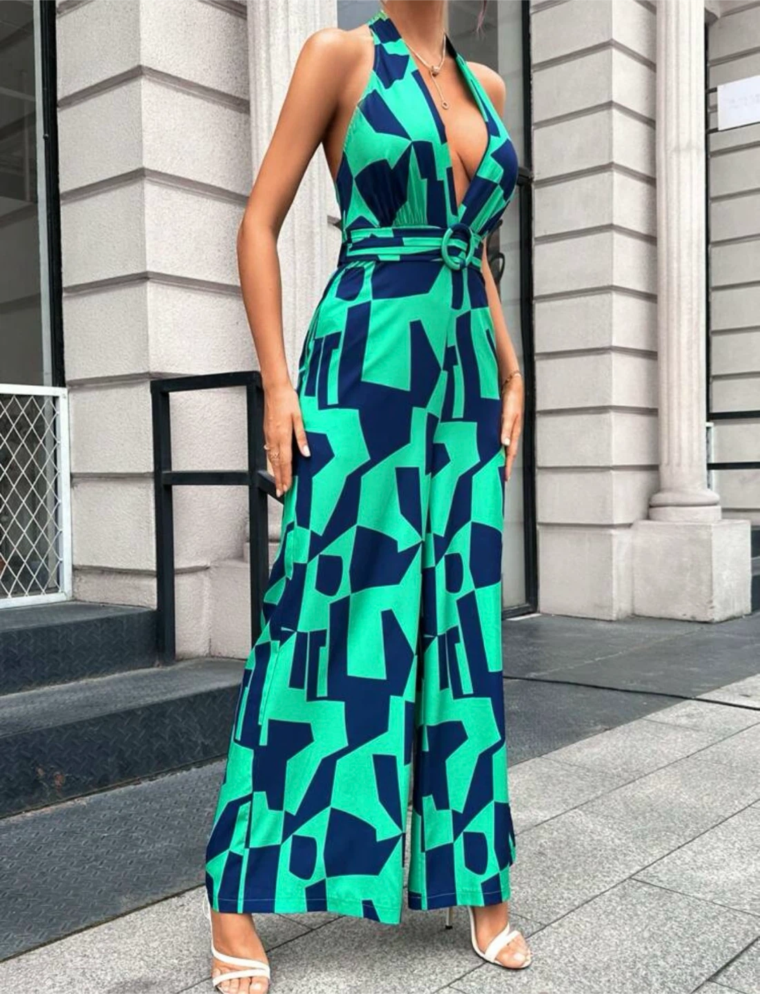 Green & Blue Geometric Print Halter Jumpsuit Size Small