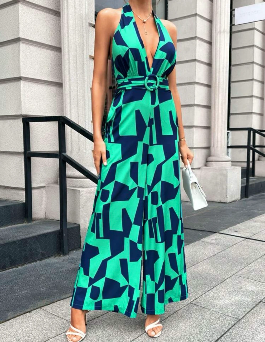 Green & Blue Geometric Print Halter Jumpsuit Size Small - photo 2