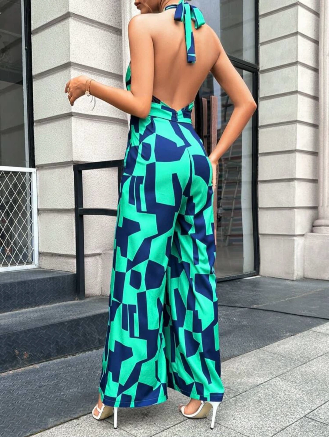 Green & Blue Geometric Print Halter Jumpsuit Size Small - photo 3