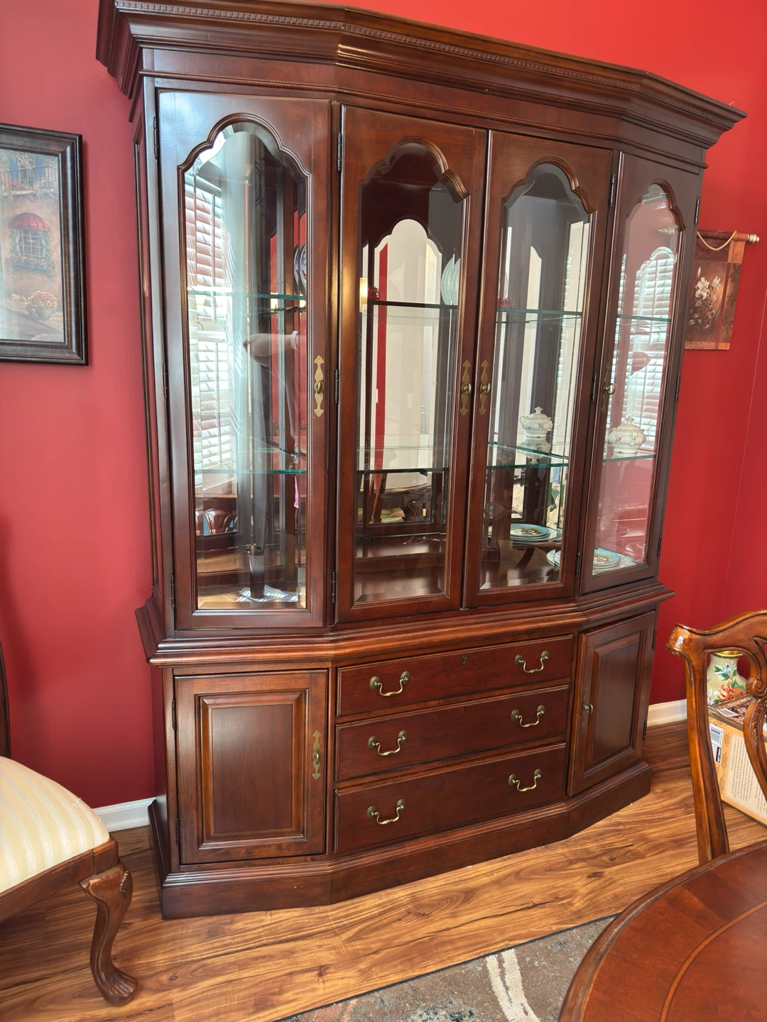 Wooden China Cabinet with Glass Doors and Drawers