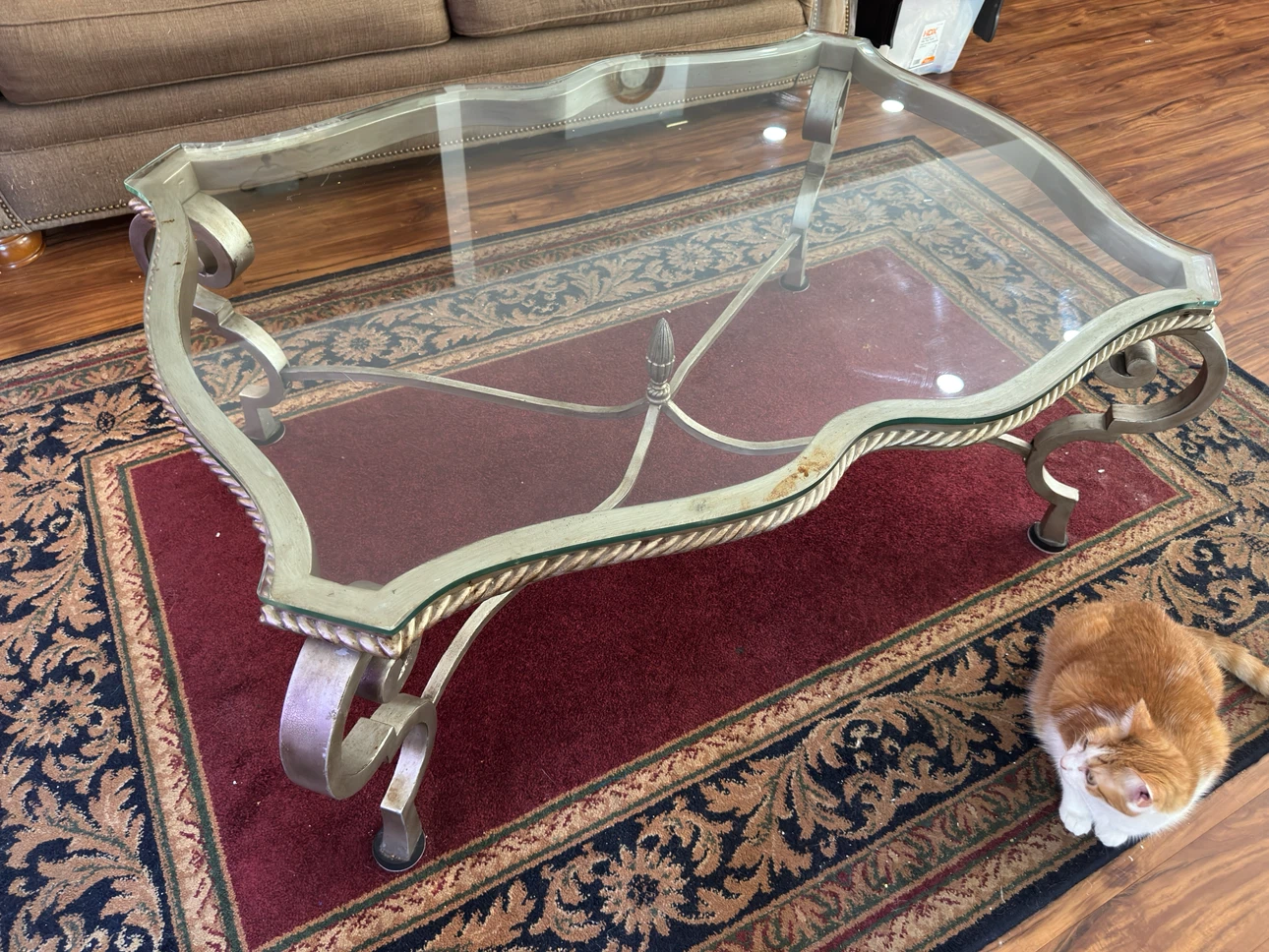 Ornate Glass Top Coffee Table with Metallic Base