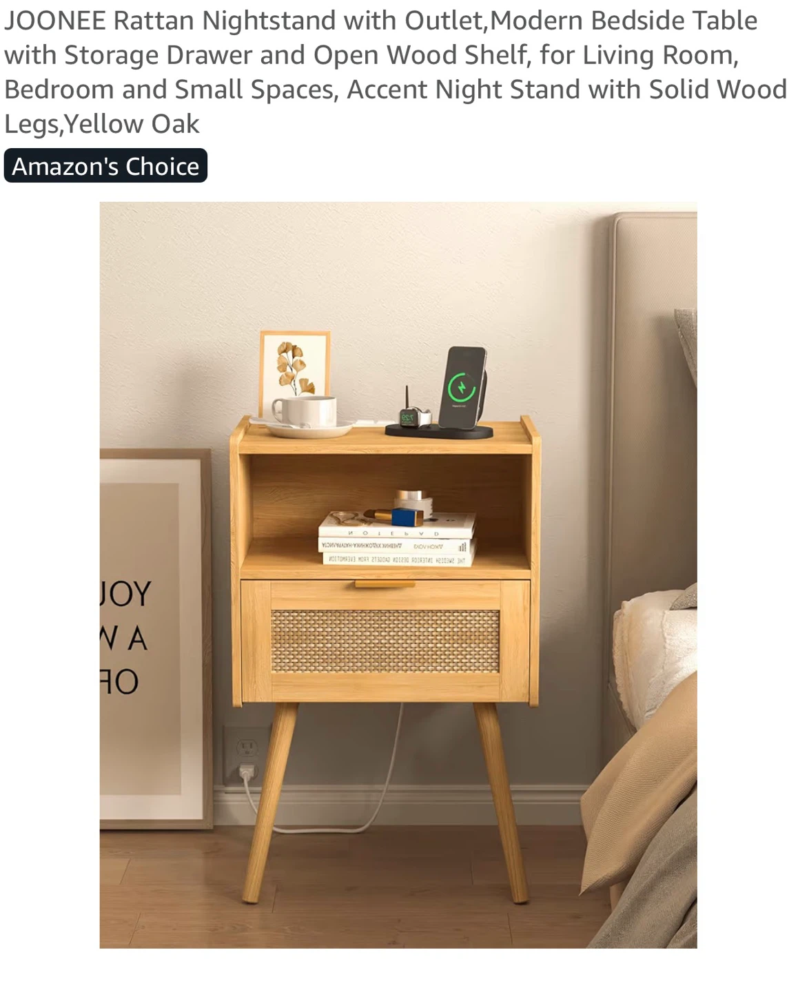JOONEE Rattan Nightstand with Outlet RN5
