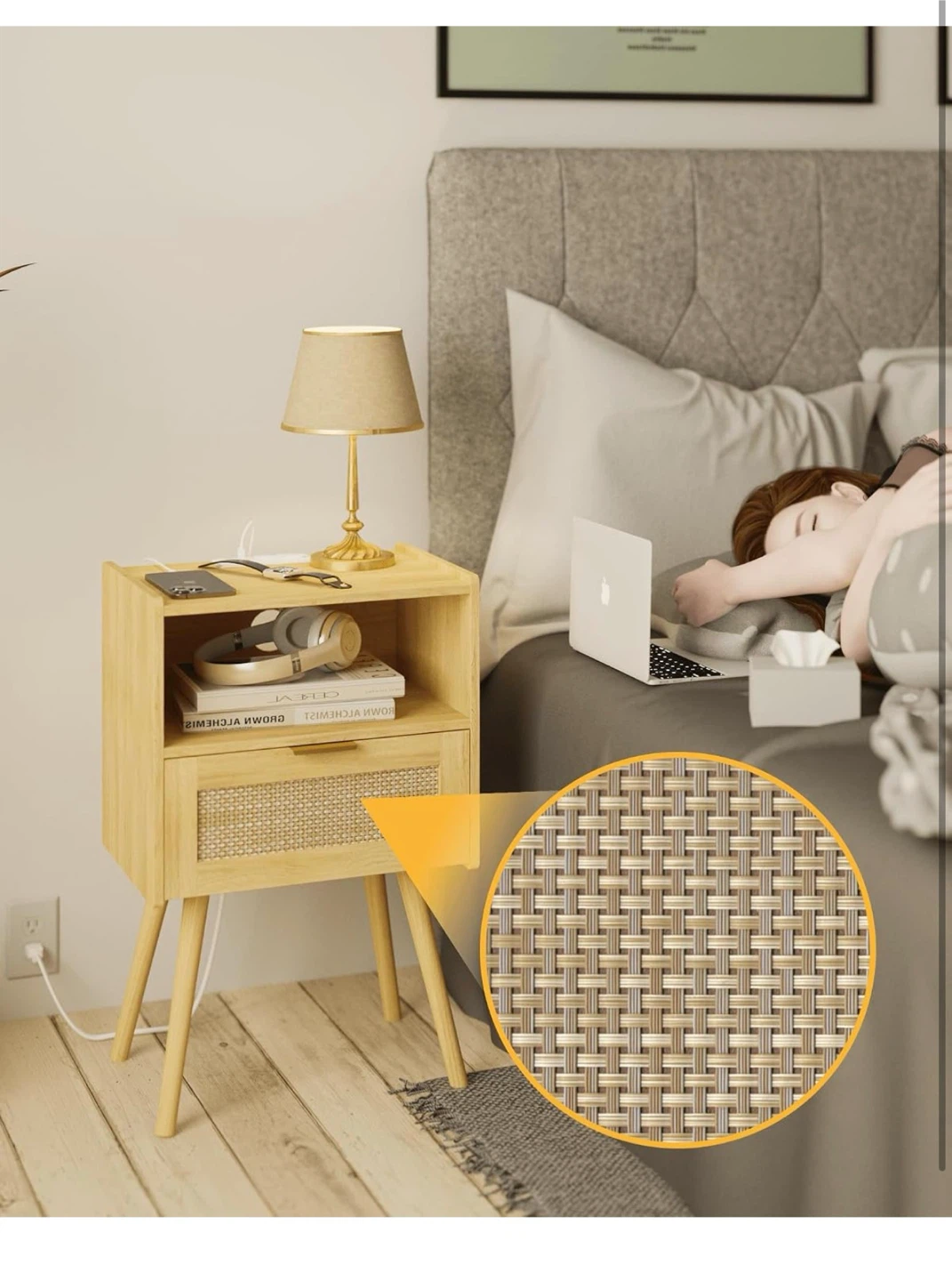 JOONEE Rattan Nightstand with Outlet RN5 - photo 5