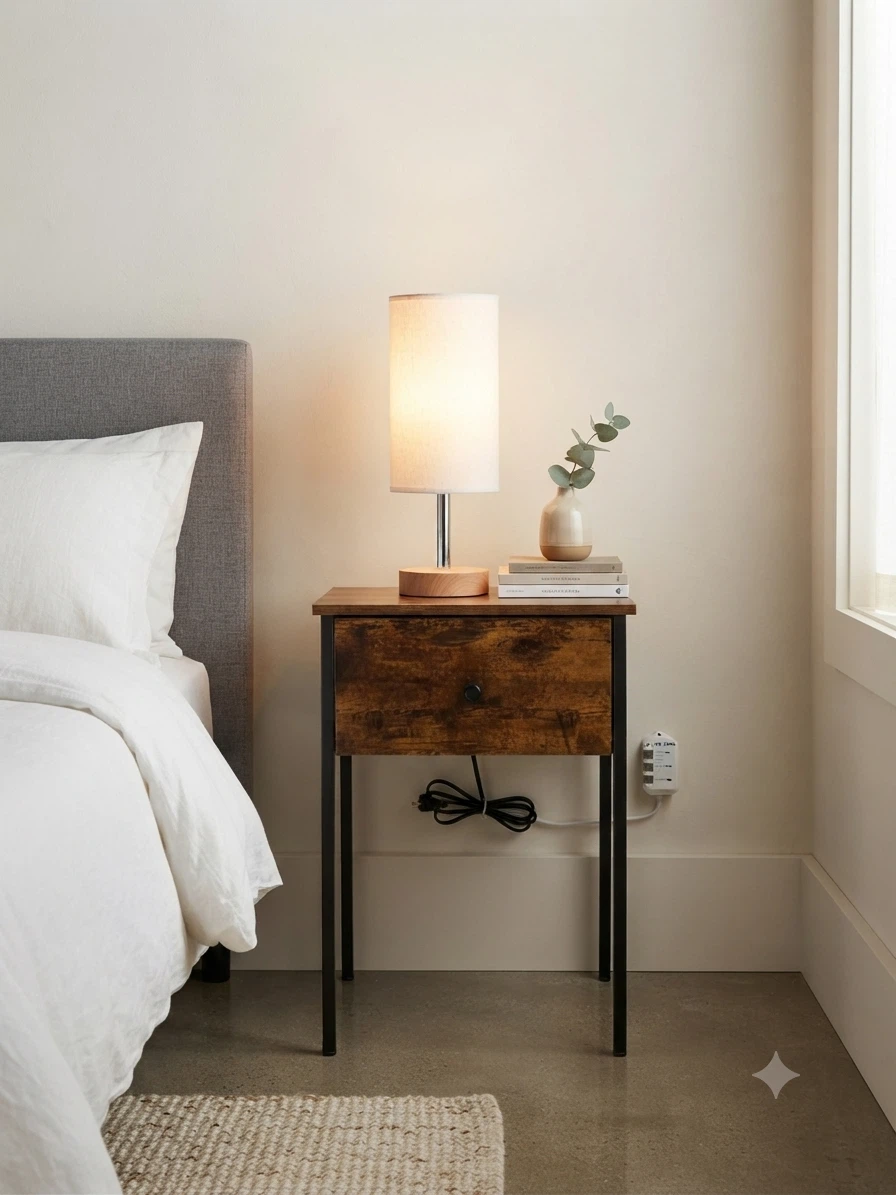 Rustic Brown Nightstand with Drawer and lamp