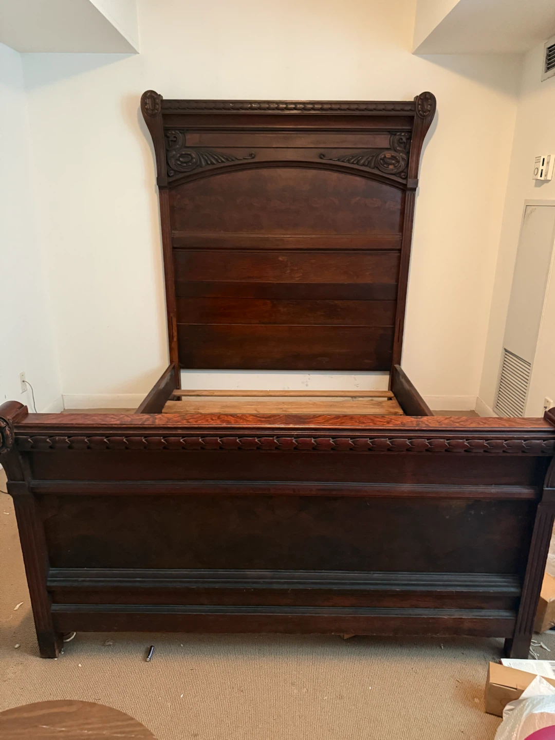 1875 Antique Dark Wood Headboard and Footboard and dresser