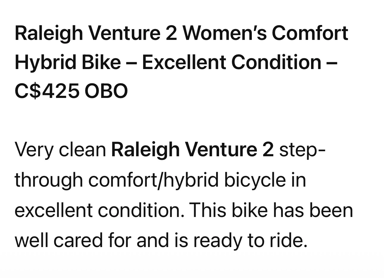 Women’s Raleigh Venture 2 bicycle