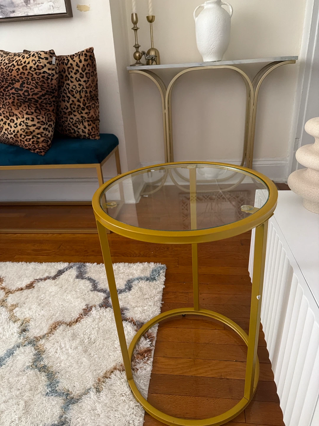 Gold Metal Round Side Table with Glass Top - photo 2