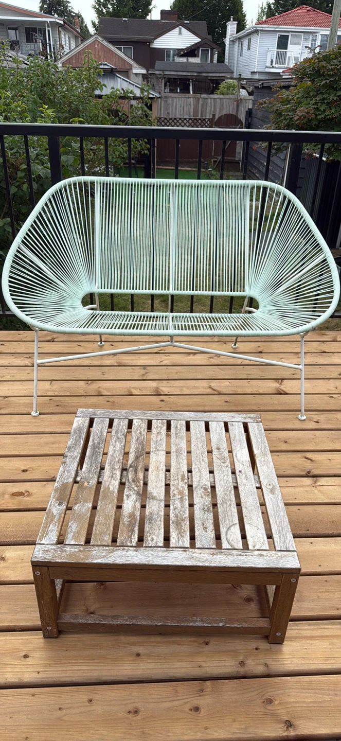 Mint Green Acapulco Style Outdoor Bench and Wooden Coffee Table