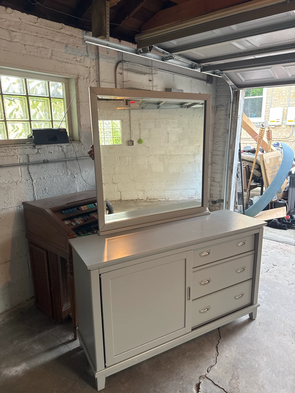 Grey Dresser with Mirror night stand & twin bed with trundle