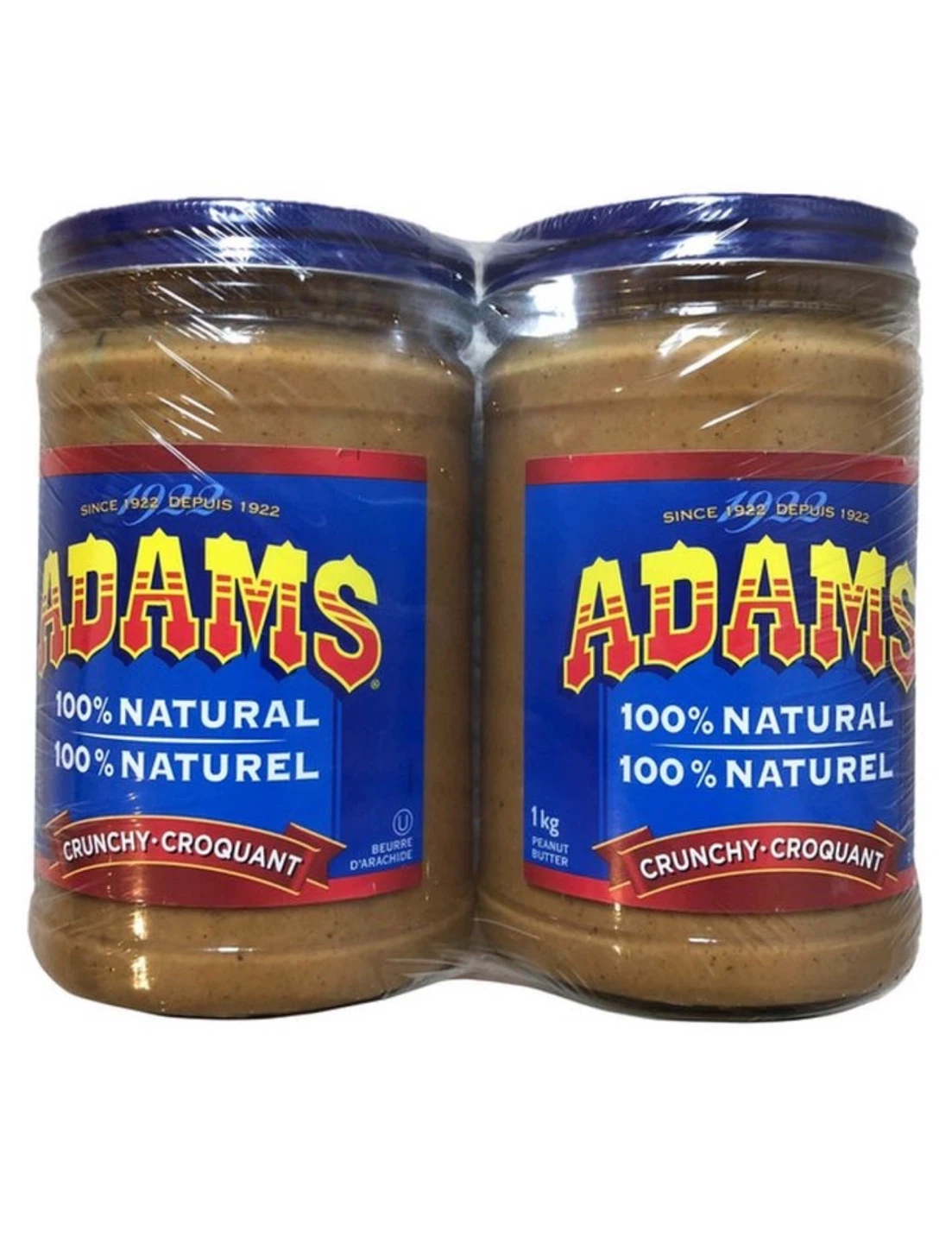 Adams 100% Natural Crunchy Peanut Butter (2 x 1kg)