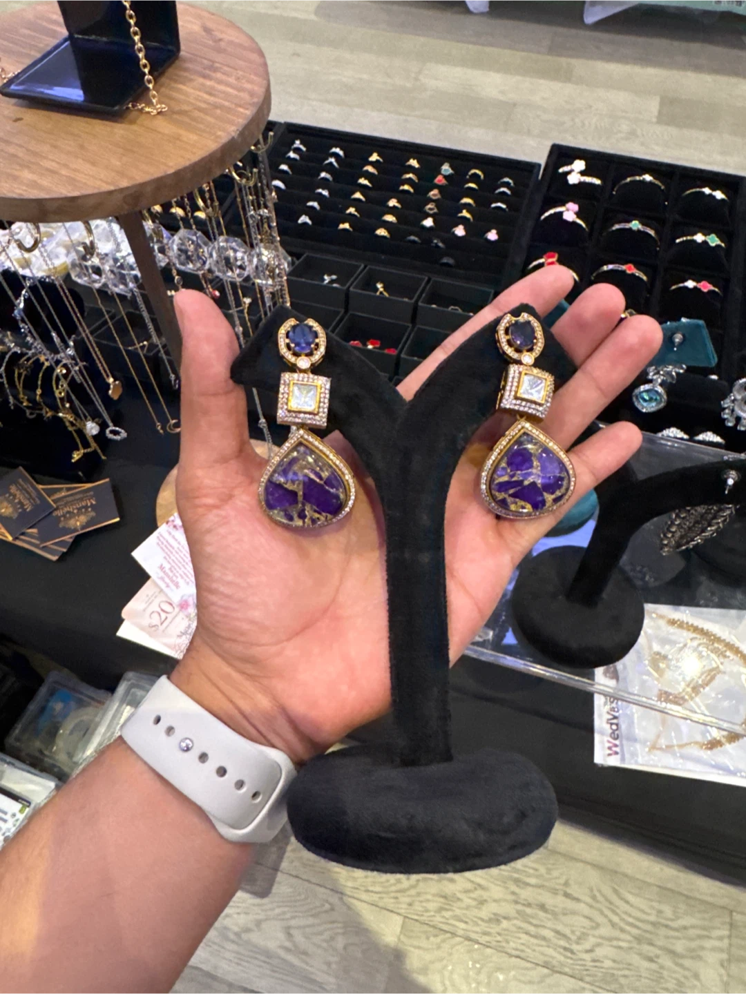 Purple Teardrop Earrings with Gold Accents