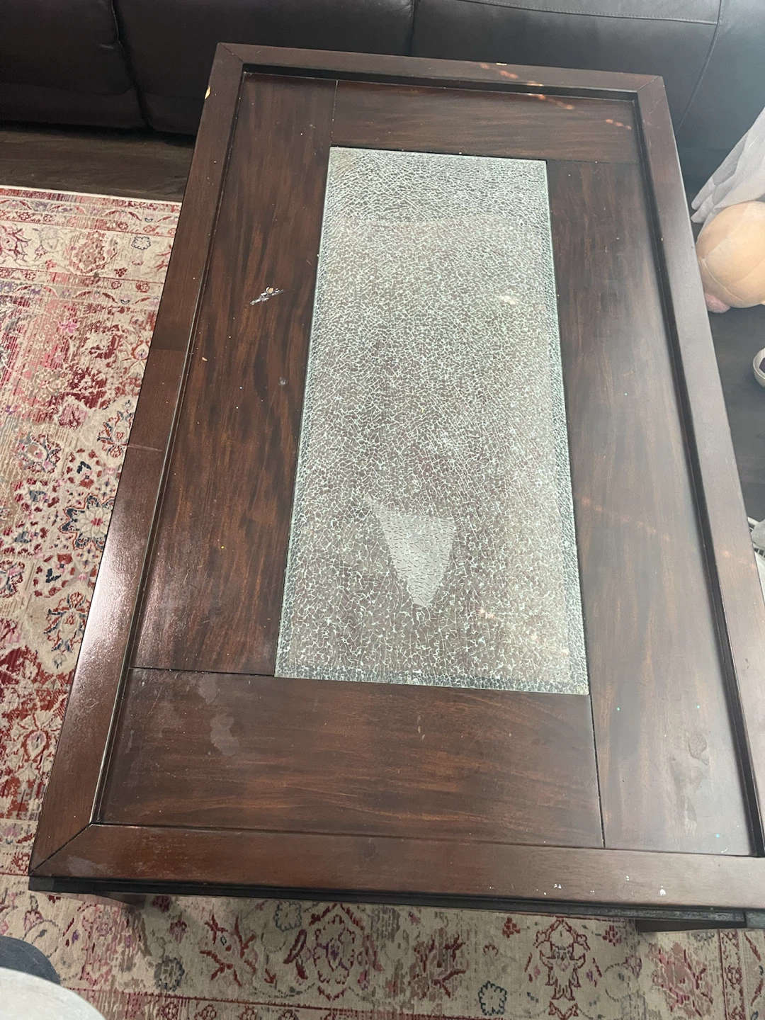 Dark Wood Coffee Table with Cracked Glass Top