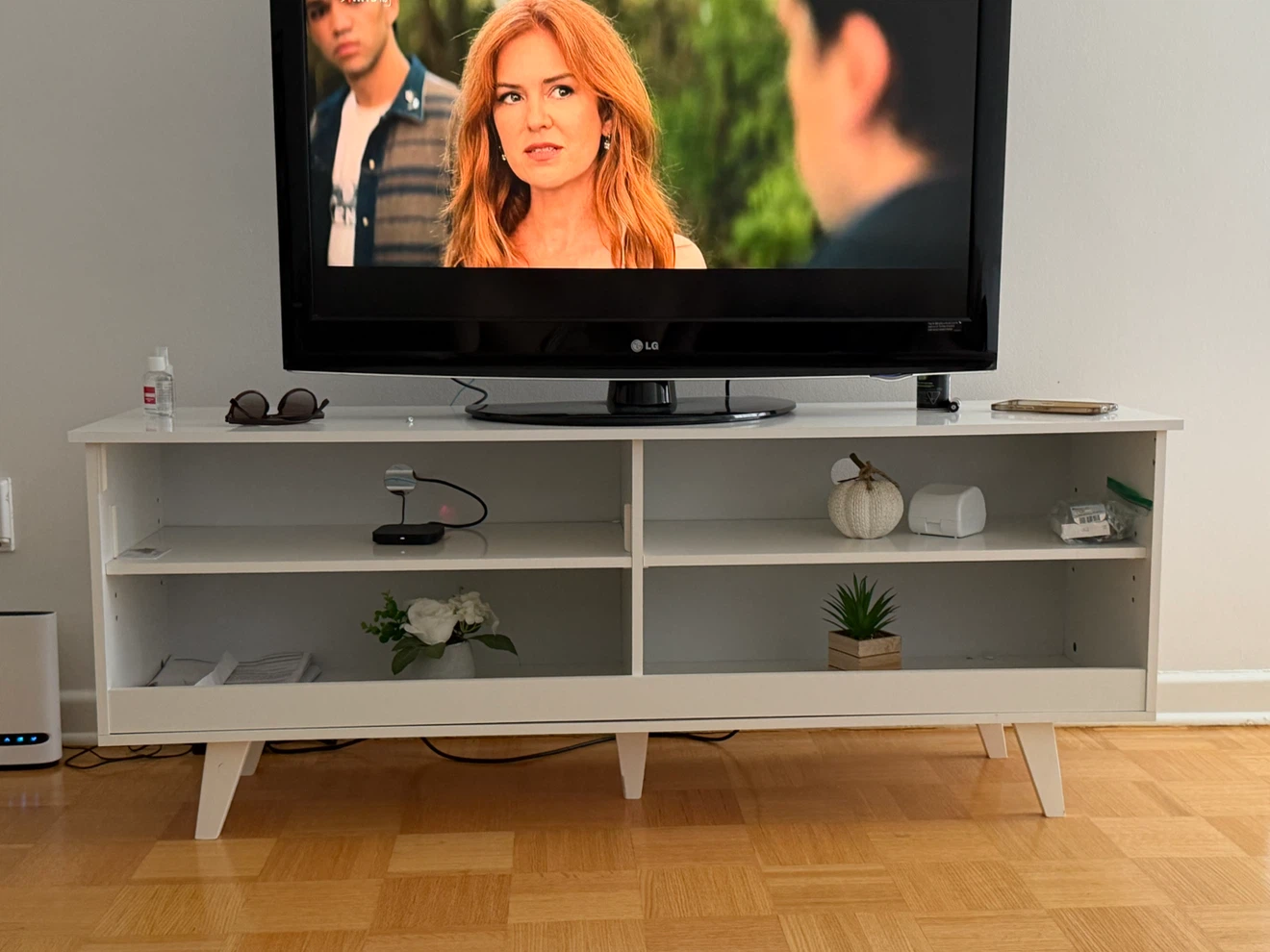 White TV Stand with Storage Shelves