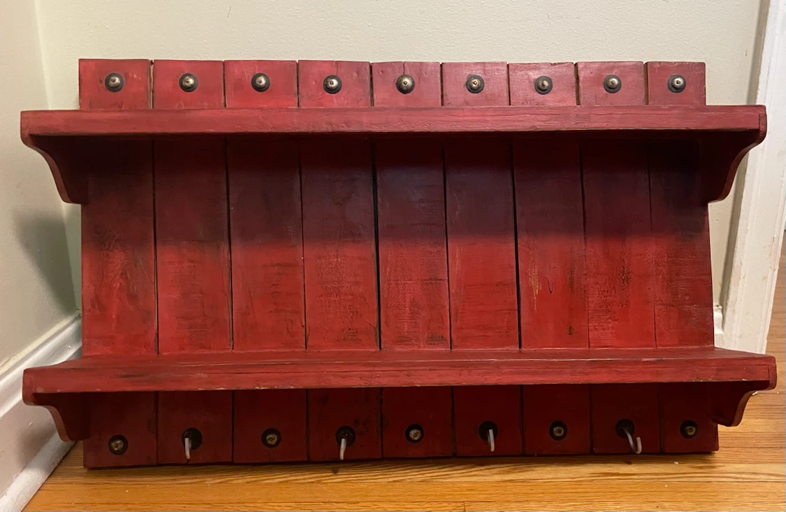 Red wooden shelf with hooks - photo 2