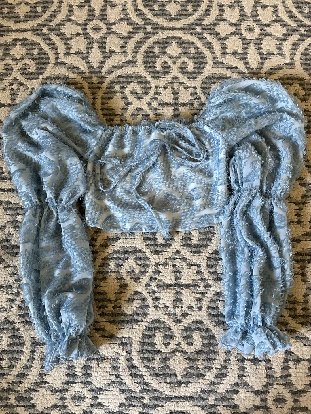 Blue Textured Crop Top with Puff Sleeves Size small